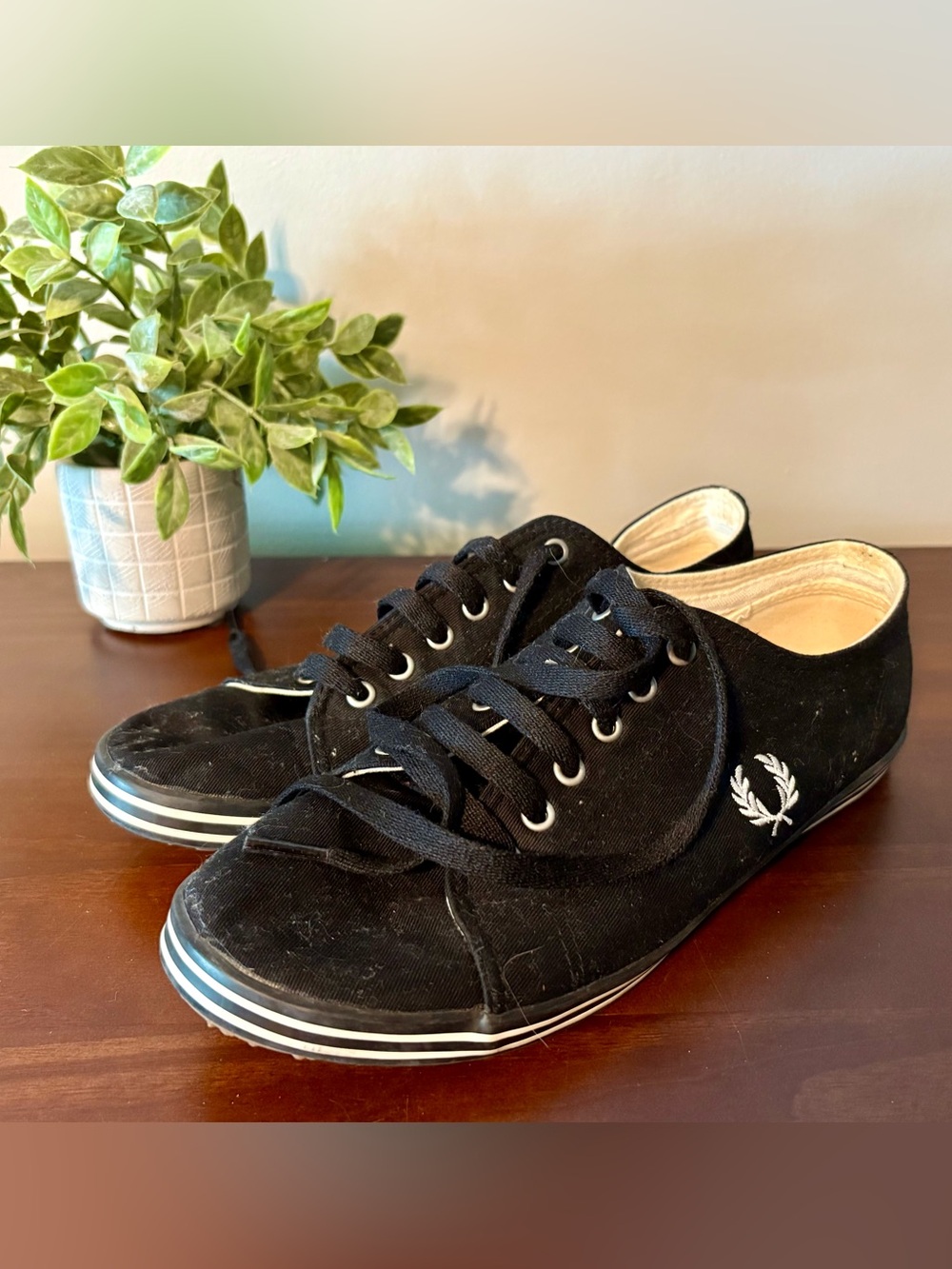 Fred Perry Black Canvas Lace-Up Sneakers with White Laurel Logo